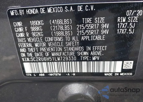 2020 Honda Hr-V Awd Ex из США, поврежденный, VIN 3CZRU6H51LM729330